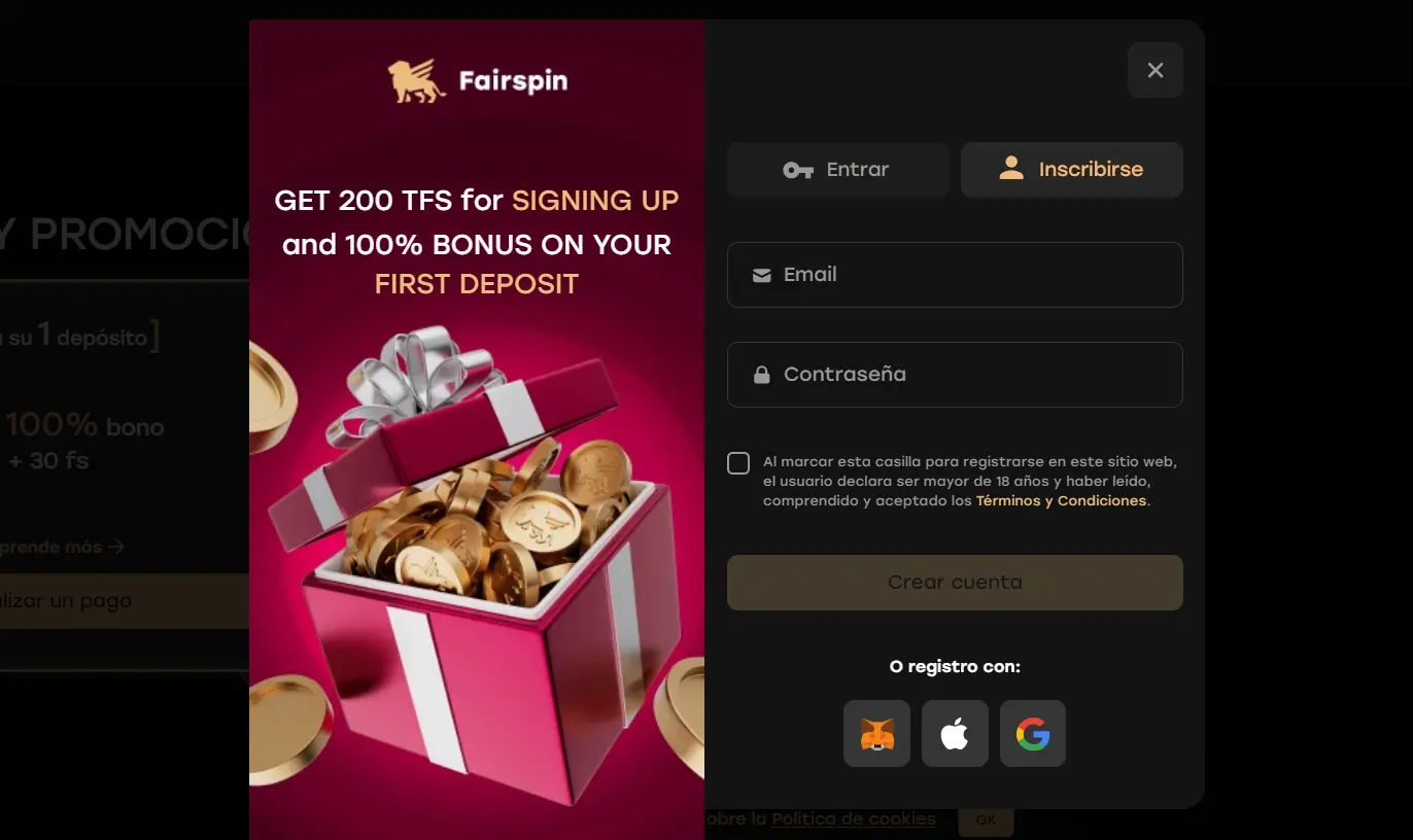 Completa tus datos en fairspin formulario registro