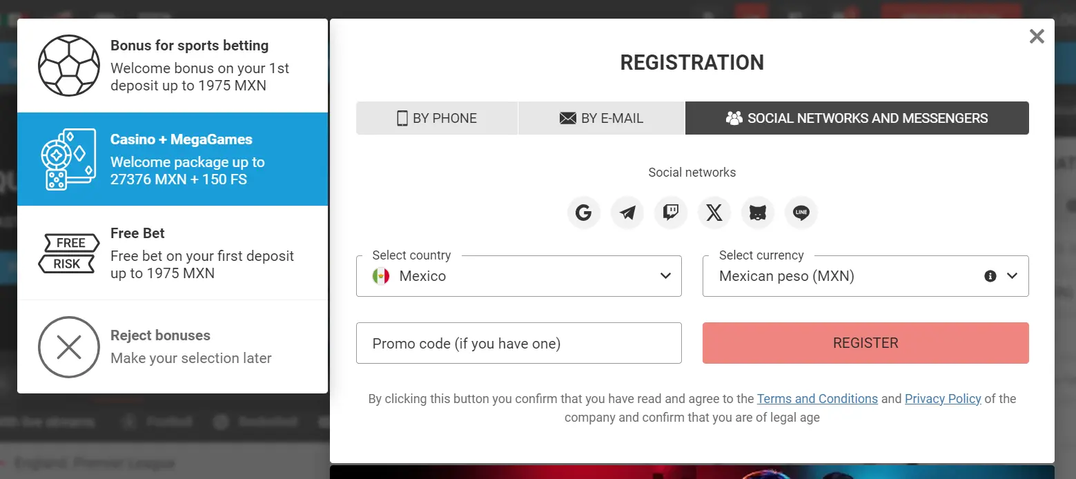 Regístrate con tu teléfono, correo o red social registro Megapari